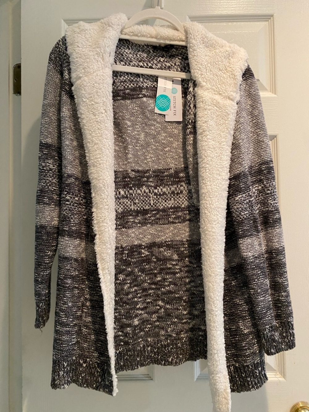 Striped Hooded Open-Front Cardigan with Plush Sherpa Lining - Gray/White
